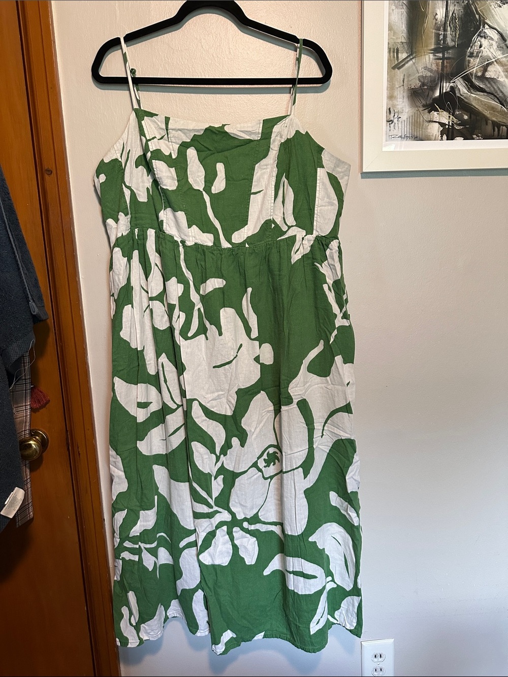 H&M Green and White Linen-Blend Smocked Dress